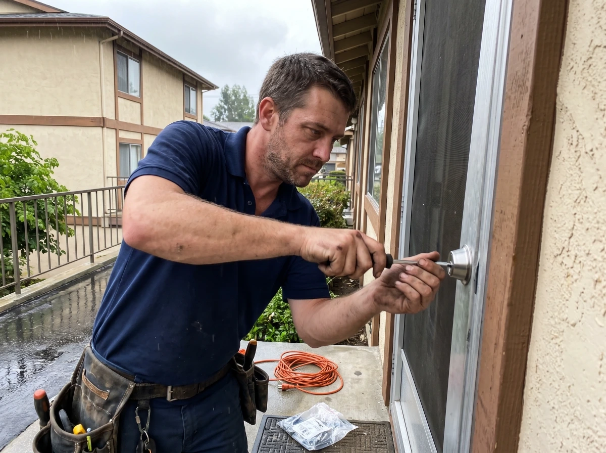 Locksmith installing a deadbolt on a front door, close-up