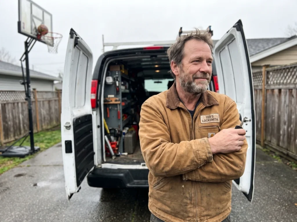 Federal Way locksmith standing beside a dispatch van, ready for a commercial service call